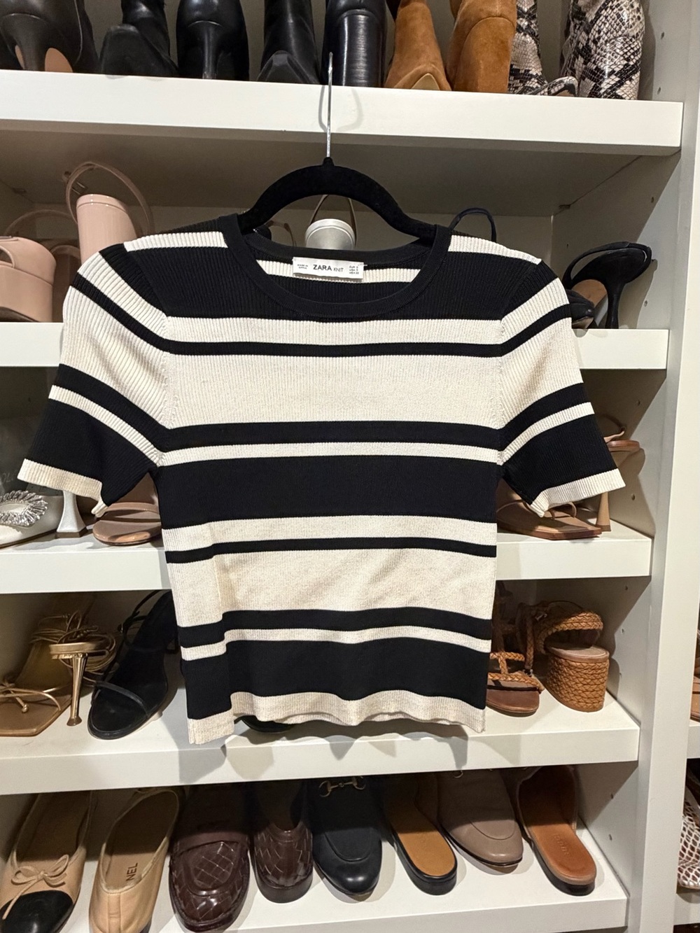 Zara Black & Cream Striped Knit Crewneck Top